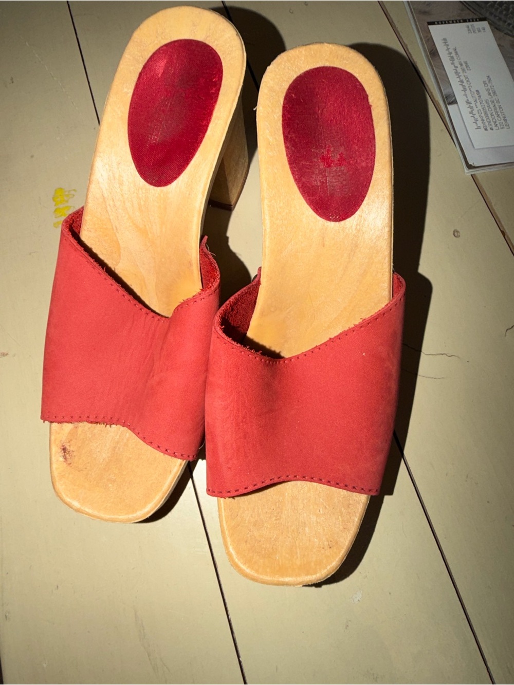 Red Slide Heels with Wood-Tone Footbed